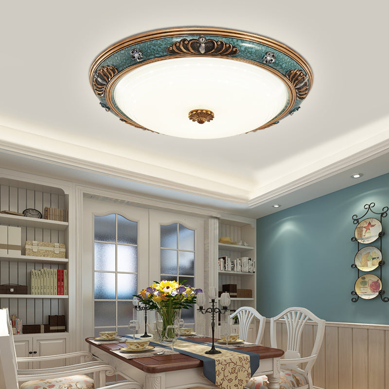 16"/19.5"/13.5" Wide LED Milky Glass Flush Light Fixture Traditional Green Crown Living Room Ceiling Lighting in Warm/White Light
