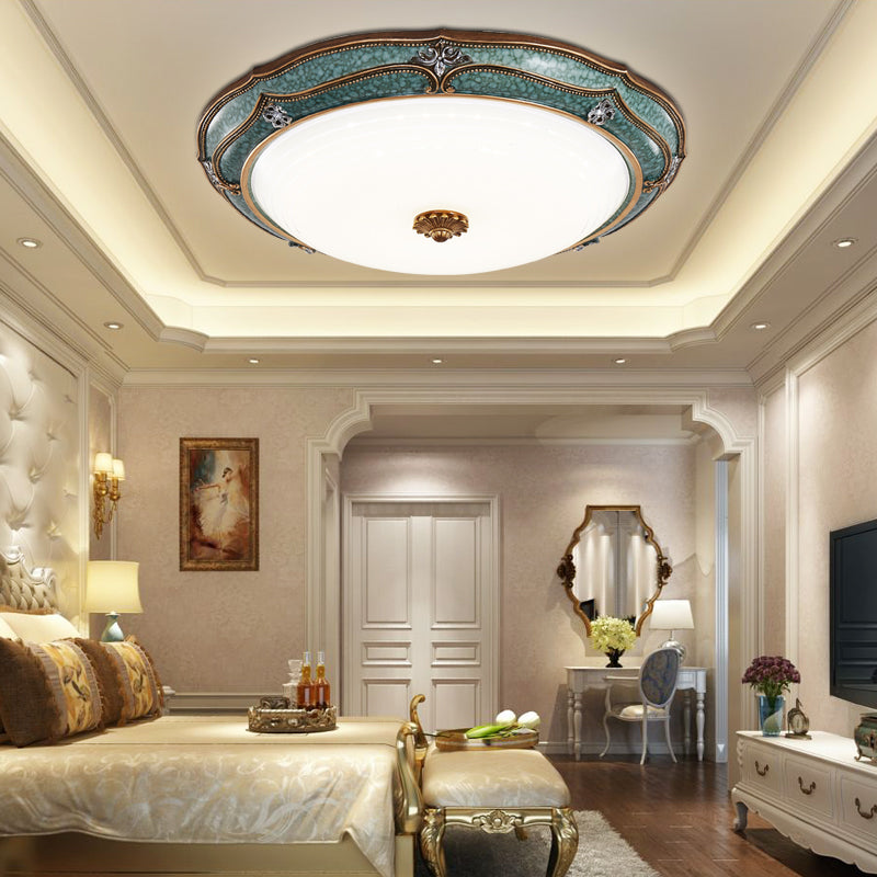 16"/19.5"/13" W LED Flower Flush Mount Lamp Traditional Green Resin Ceiling Mounted Fixture for Living Room in White Light