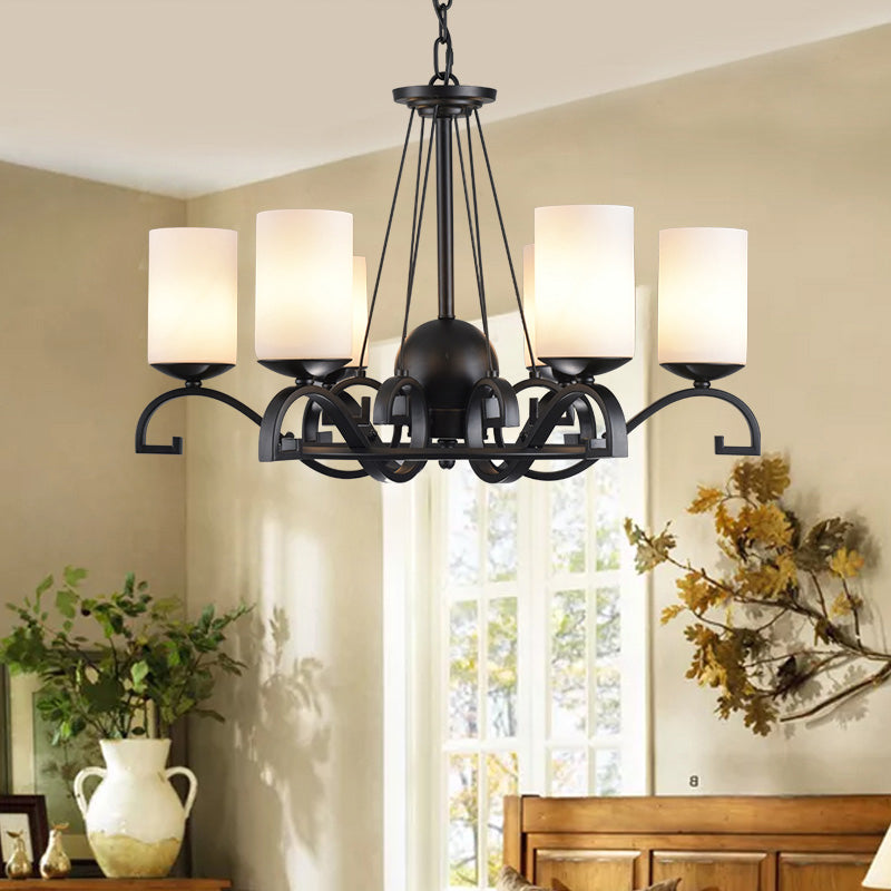 White Glass Cylinder Chandelier Light Fixture Rustic 6 Lights Bedroom Hanging Ceiling Light in Black