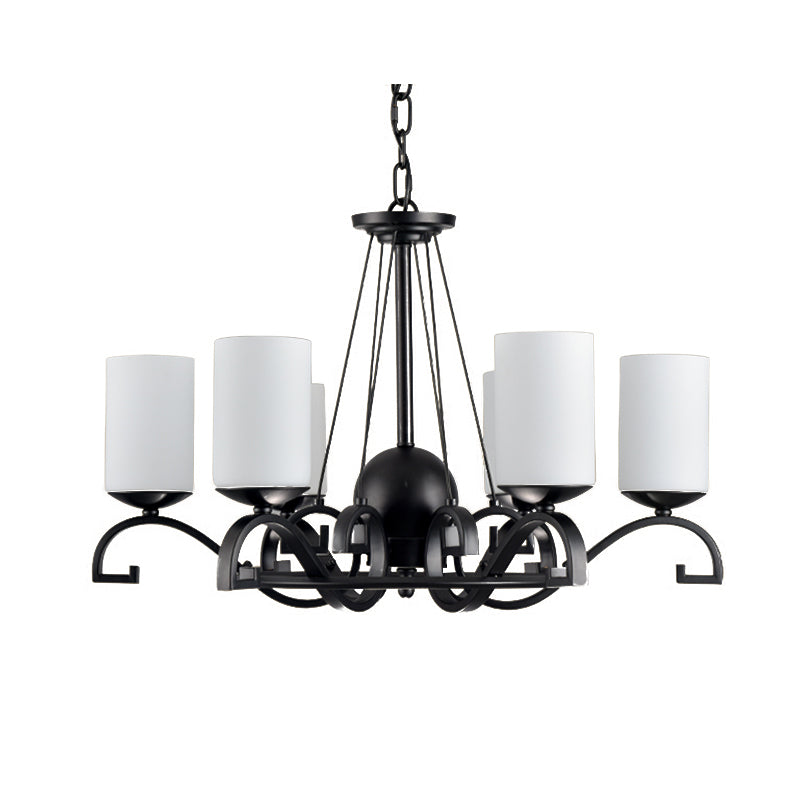 White Glass Cylinder Chandelier Light Fixture Rustic 6 Lights Bedroom Hanging Ceiling Light in Black