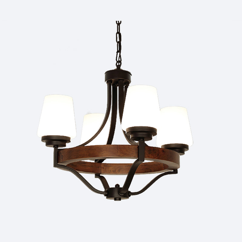 White Glass Cone Ceiling Light Fixture Rustic 4 Lights Dining Light Chandelier Light with Wooden Ring in Black