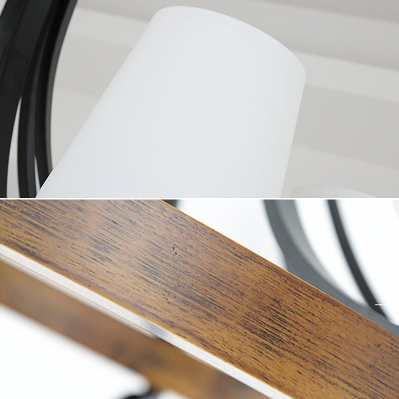 White Glass Cone Ceiling Light Fixture Rustic 4 Lights Dining Light Chandelier Light with Wooden Ring in Black