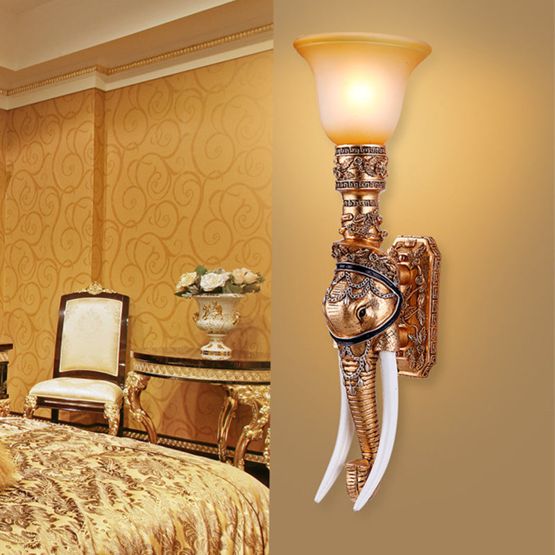 1 Light Wall Light Traditional Flared Amber Glass Wall Mount Light with Gold Elephant Base