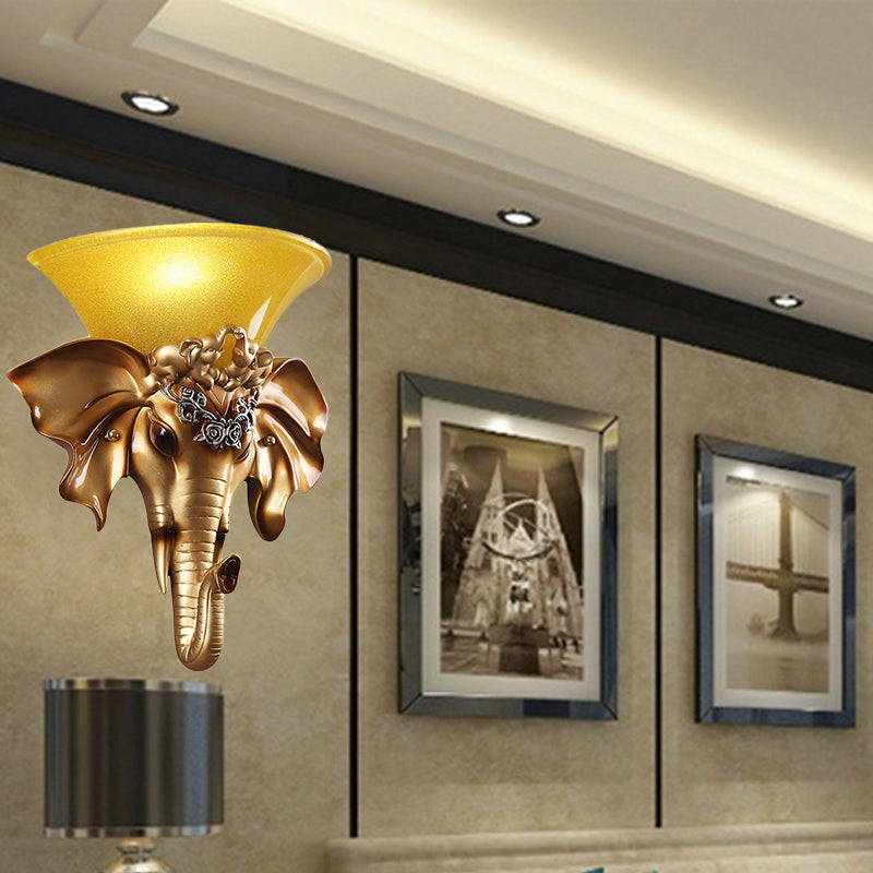 Flared Living Room Wall Mount Light Antique Glass 1 Light Gold Sconce Light with Resin Elephant Base