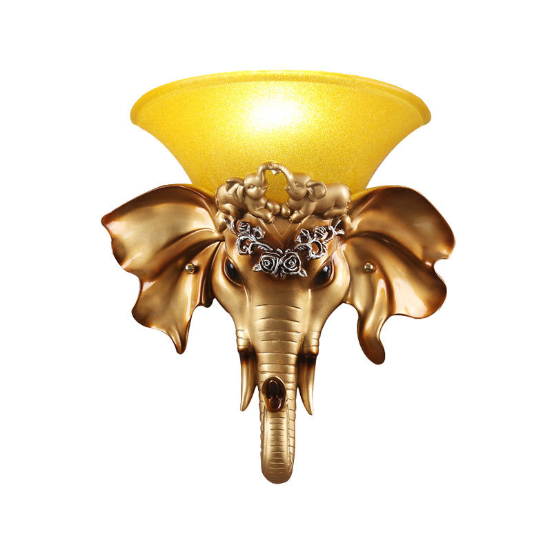Flared Living Room Wall Mount Light Antique Glass 1 Light Gold Sconce Light with Resin Elephant Base