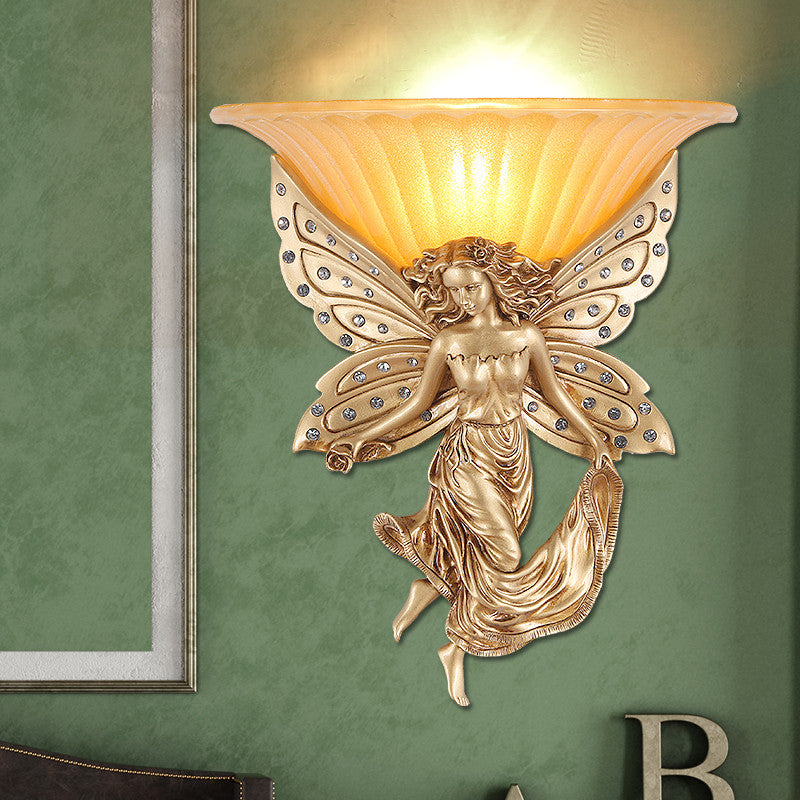 1 Light Wall Sconce Light Vintage Flared Glass Wall Mounted Light with Gold Resin Spirit Base