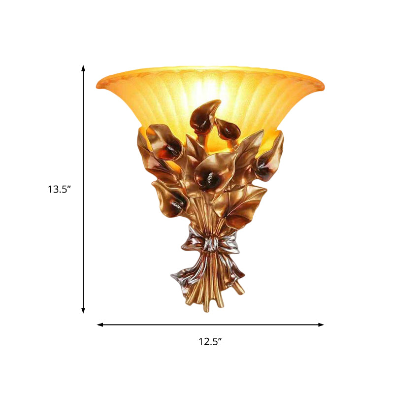Goldene Blumenwand montieren leichte traditionelle Harz 1 Leichtes Wohnzimmer Leuchten mit ausgestattetem Glasschatten