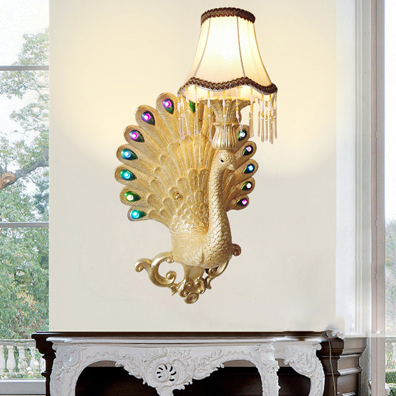 Gold Peacock Wall Light Fixture Southeast Asia Style Resin 1 Light Living Room Sconce Lamp with Scallop Shade