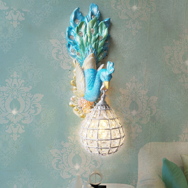 Blue Peacock Wall Light Fixture Southeast Asia Style Resin 1 Light Bedroom Sconce Lamp with Globe Frame Shade
