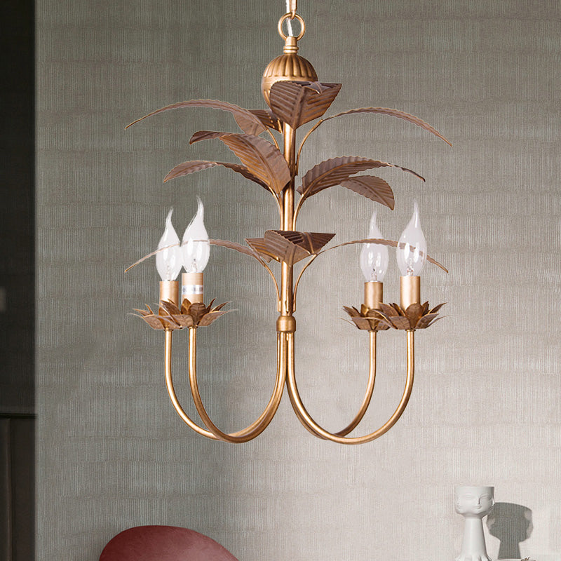 Spur Pendant Chandelier Traditional Metal 4 Bulbs Brass Hanging Ceiling Light with Leaves