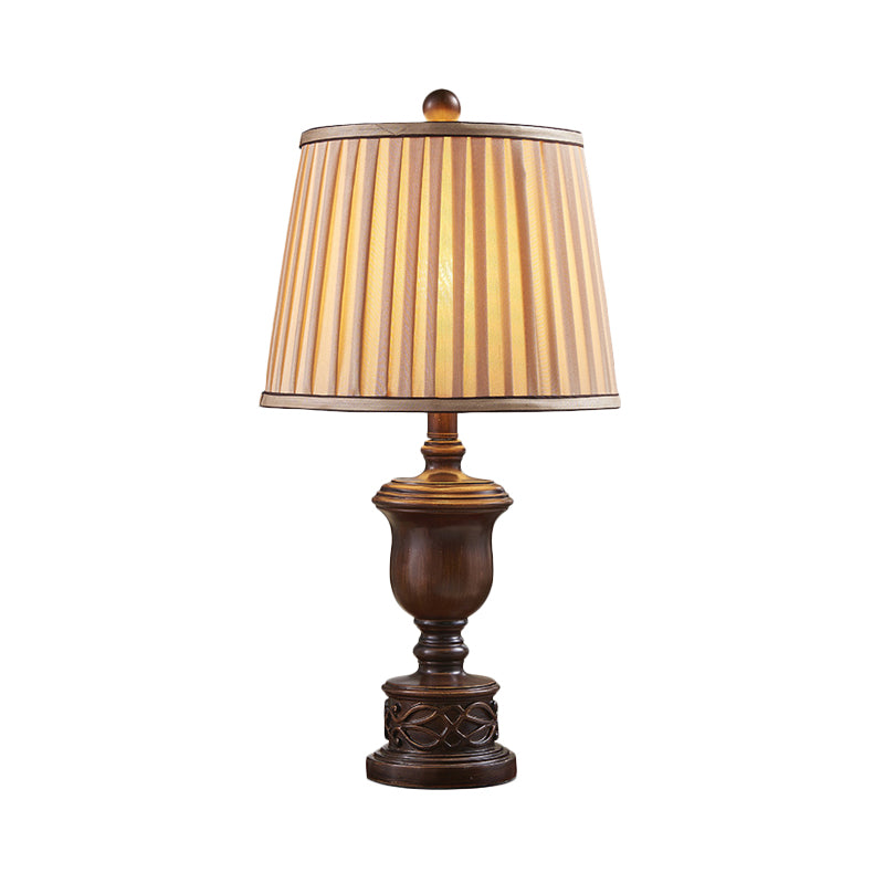 1 lámpara de mesa de luz con tono de tela plisado lámpara de mesita de noche antigua con base de madera marrón