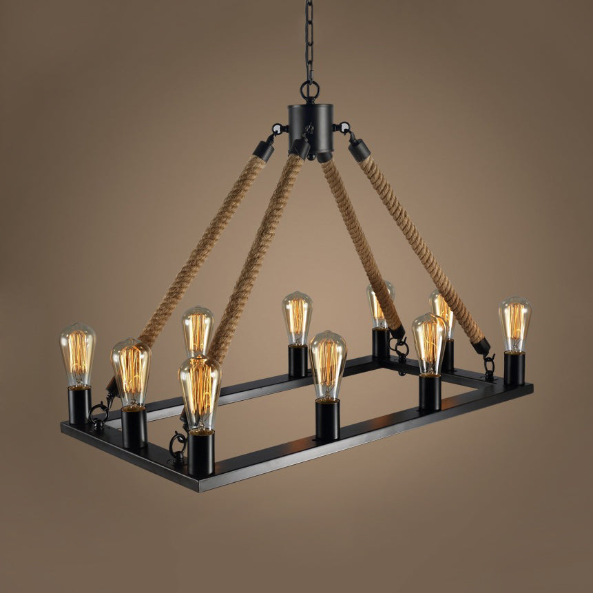 10/14 Lights Rectangle Hanging Lamp with Open Bulb Loft Style Black Metallic and Rope Island Lighting