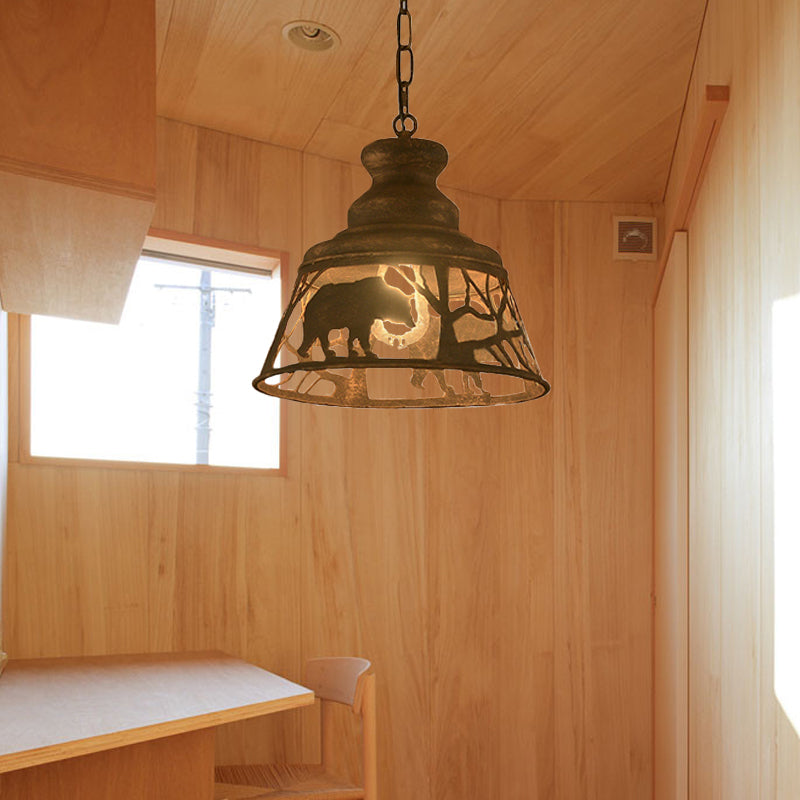 8"/12"/18" W Tapered Hanging Ceiling Light Country Metal 1/2 Lights Restaurant Pendant Lighting in Rust with Animal Pattern