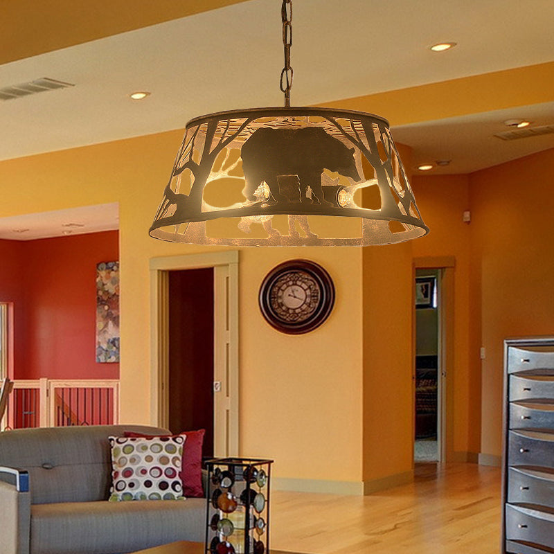 8"/12"/18" W Tapered Hanging Ceiling Light Country Metal 1/2 Lights Restaurant Pendant Lighting in Rust with Animal Pattern