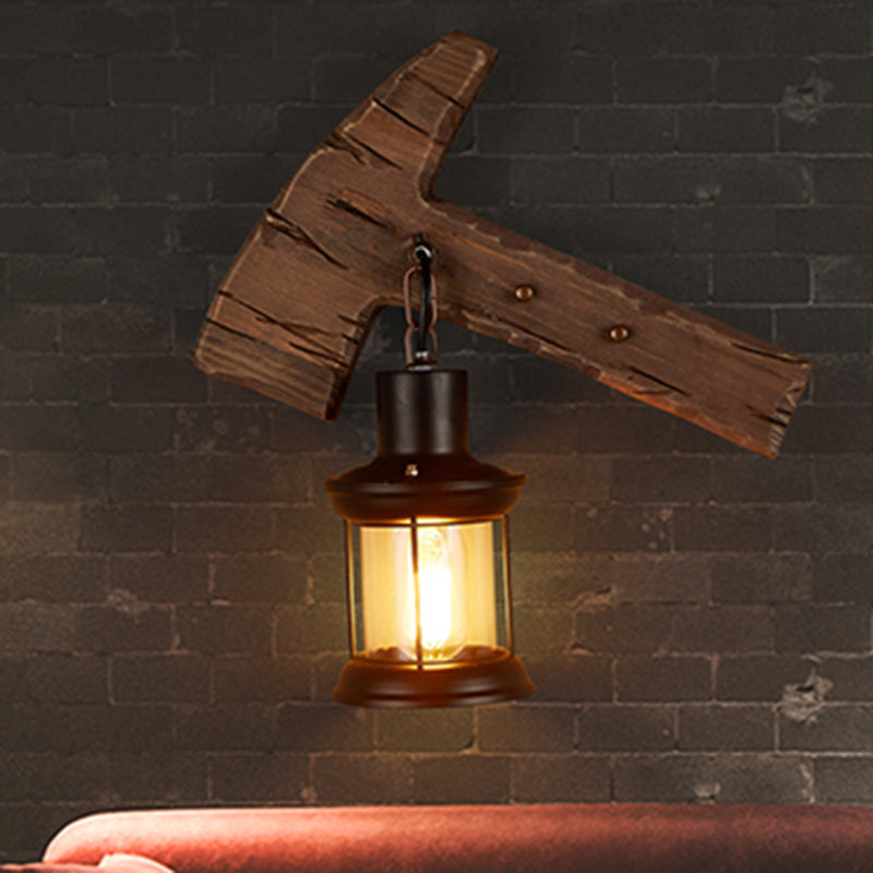 Single-Bulb Sconce Lamp Farmhouse Ax Wooden Wall Lighting with Lantern Shade for Bistro