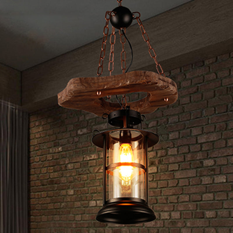 Wood 1-Head Pendant Light Coastal Clear Glass Cylindrical Hanging Ceiling Light for Restaurant