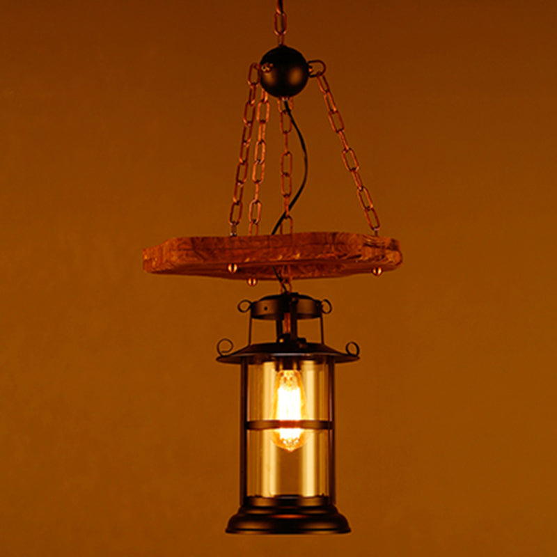 Wood 1-Head Pendant Light Coastal Clear Glass Cylindrical Hanging Ceiling Light for Restaurant