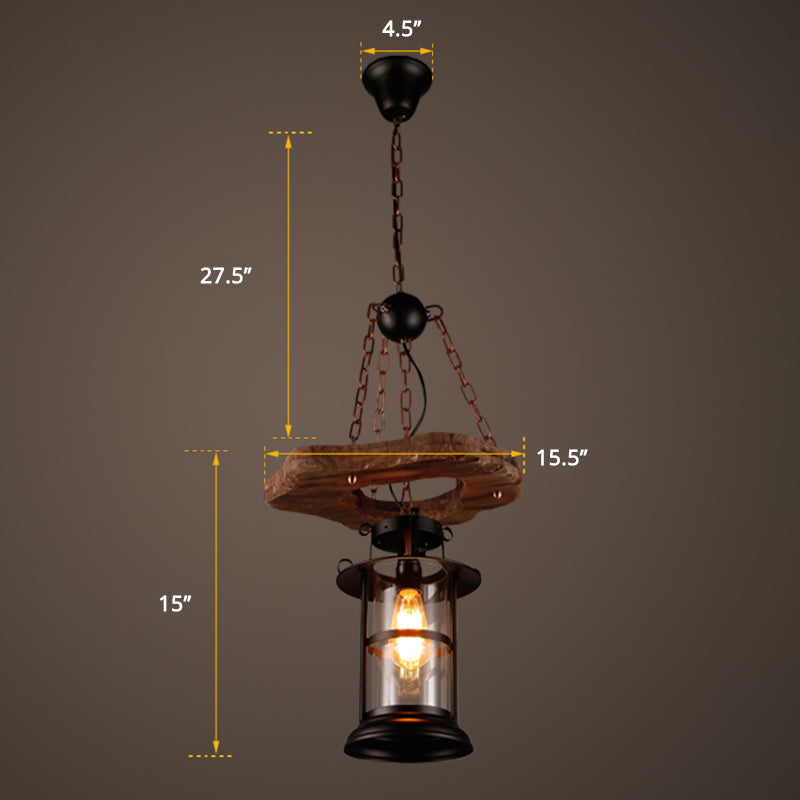 Wood 1-Head Pendant Light Coastal Clear Glass Cylindrical Hanging Ceiling Light for Restaurant