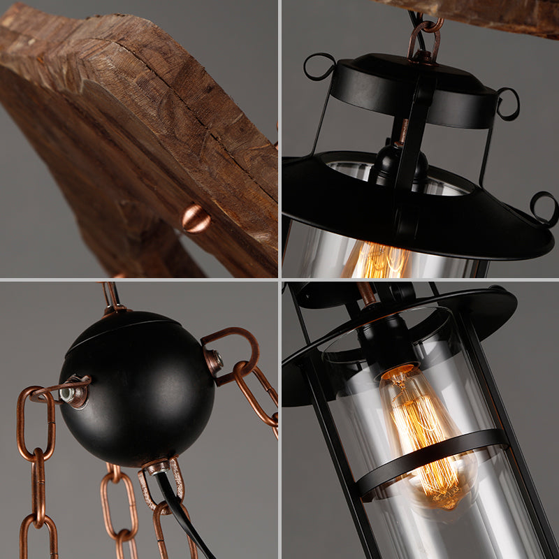 Wood 1-Head Pendant Light Coastal Clear Glass Cylindrical Hanging Ceiling Light for Restaurant