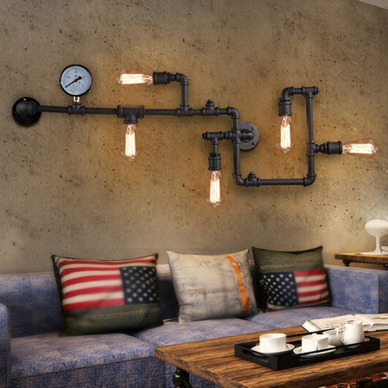 Piping Restaurant Wall Lighting Loft Metal 5 Lights Wall Lamp Fixture with Water Gauge Deco