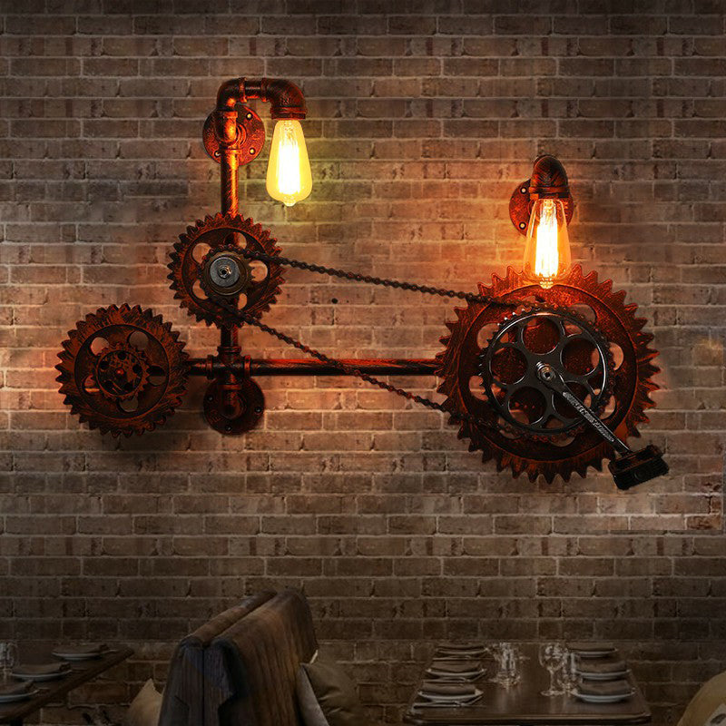 Industrial Pipe Wall Mount Light 2 Heads Wrought Iron Wall Sconce Lighting in Rust