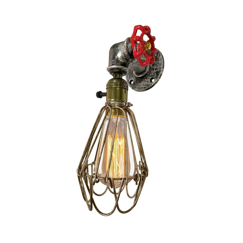 1-Bulb Cage Wall Light Fixture Warehouse Rust Red Metallic Sconce Light for Living Room