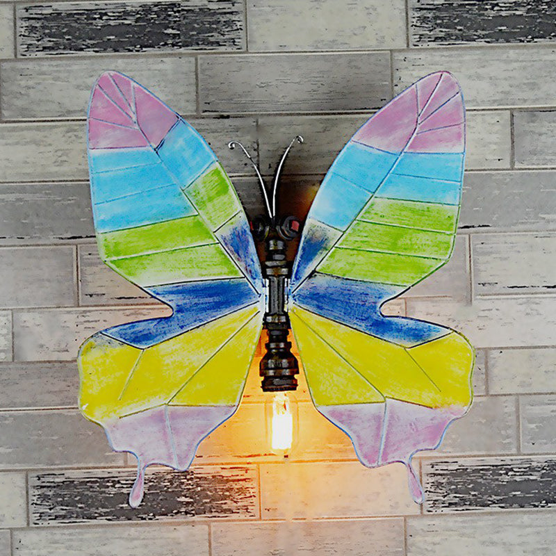 Metal Water Pipe Butterfly Sconce Lamp Loft Single-Bulb Corridor Wall Light in Black