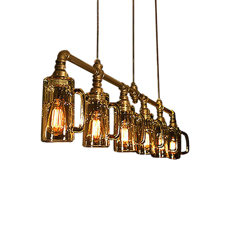Beer Mug Bar Hanging Light Industrial Clear Glass 6 Bulbs Gold Island Lamp with Pipe Decor
