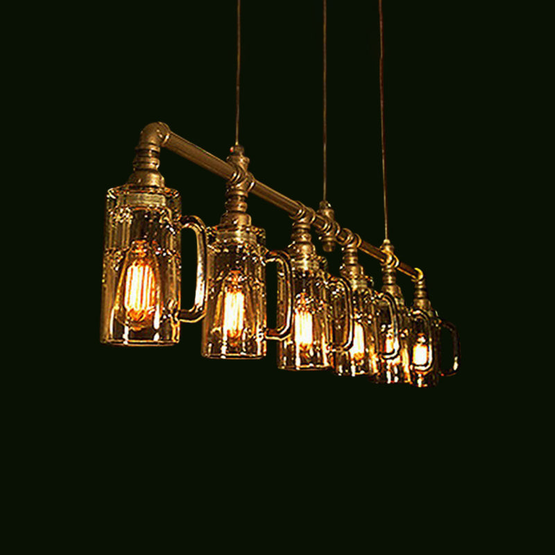 Beer Mug Bar Hanging Light Industrial Clear Glass 6 Bulbs Gold Island Lamp with Pipe Decor