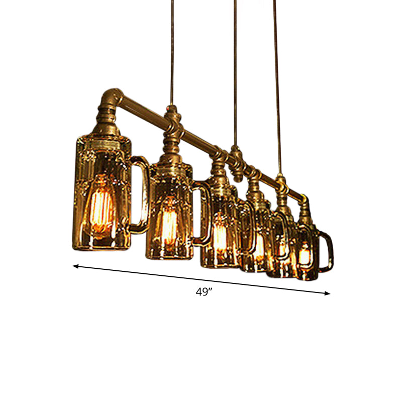 Beer Mug Bar Hanging Light Industrial Clear Glass 6 Bulbs Gold Island Lamp with Pipe Decor