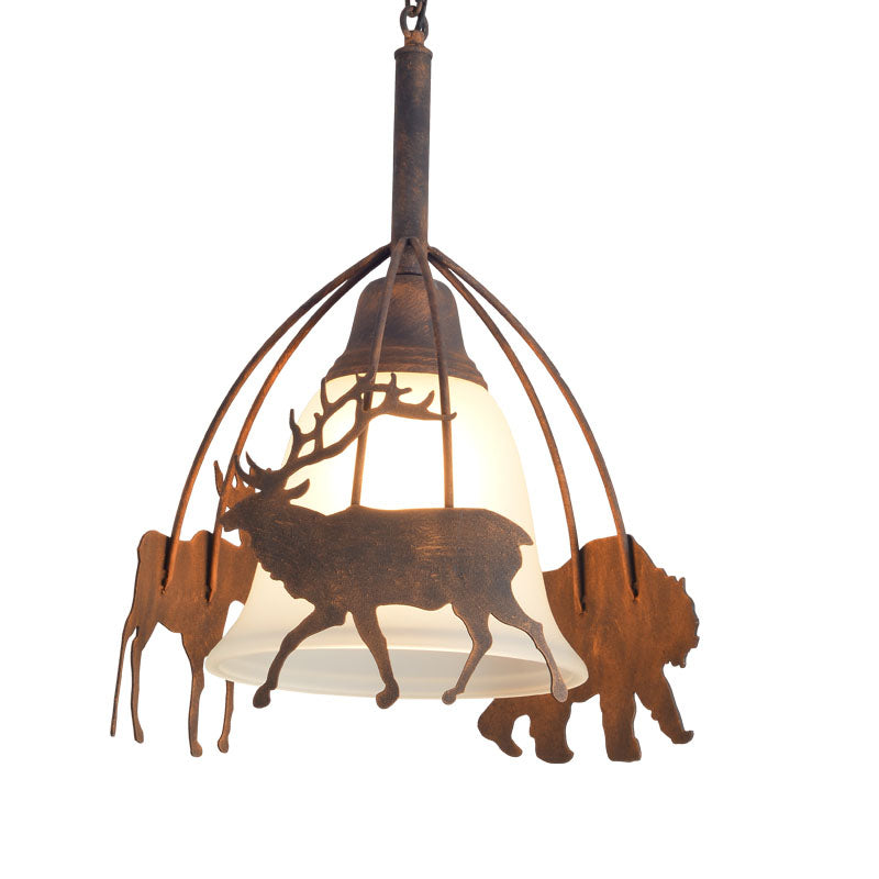 Rust 1 Light Pendant Light Countryside Frosted Glass Bell Hanging Lamp for Restaurant with Deer
