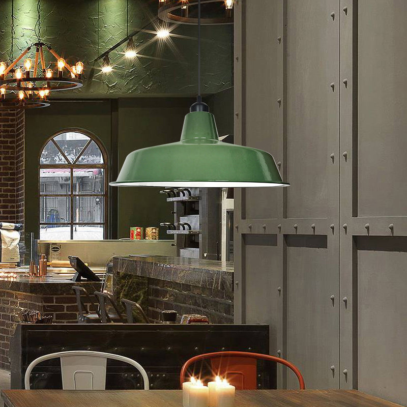 Green Finish Barn Shaped Pendant Lamp Loft Style Metal 1 Bulb Dining Room Suspension Light