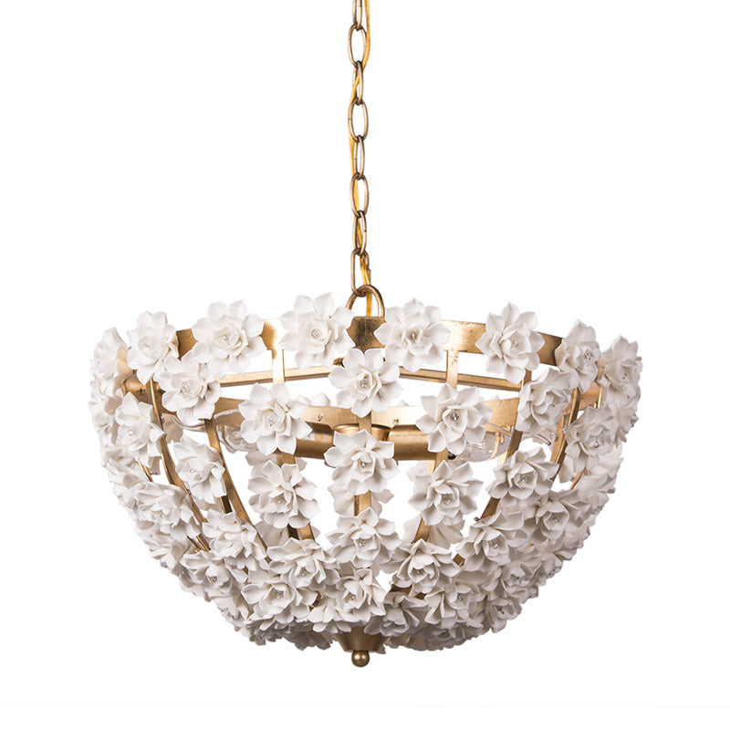 16"/19.5" Wide Hemisphere Chandelier Lighting Modern Metal Silver/Gold 3 Bulbs Hanging Ceiling Light with Ceramic Flowers