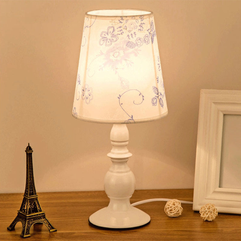 White 1 Head Table Lighting Classic Patterned Fabric Bucket Nightstand Lamp with Baluster Base