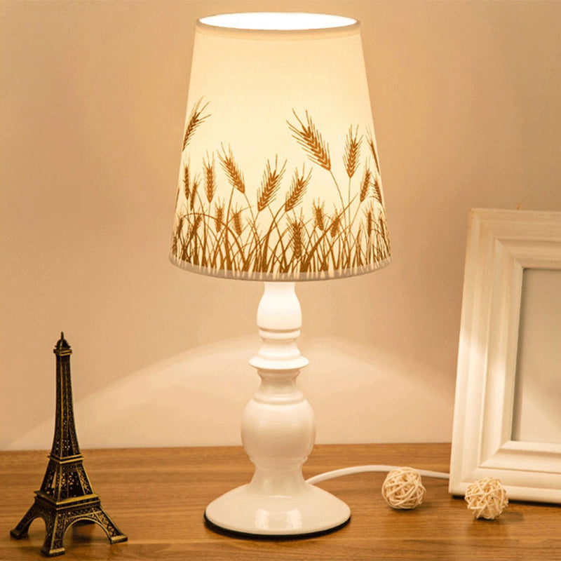White 1 Head Table Lighting Classic Patterned Fabric Bucket Nightstand Lamp with Baluster Base