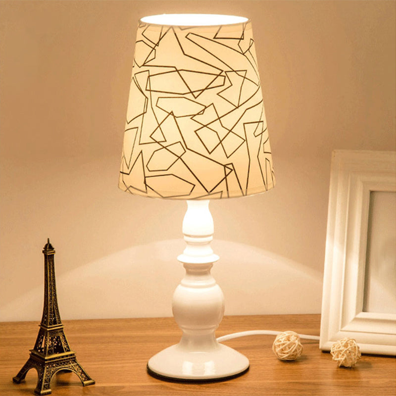 White 1 Head Table Lighting Classic Patterned Fabric Bucket Nightstand Lamp with Baluster Base