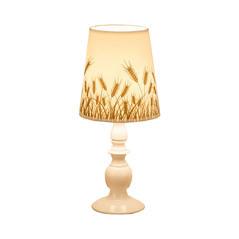 White 1 Head Table Lighting Classic Patterned Fabric Bucket Nightstand Lamp with Baluster Base