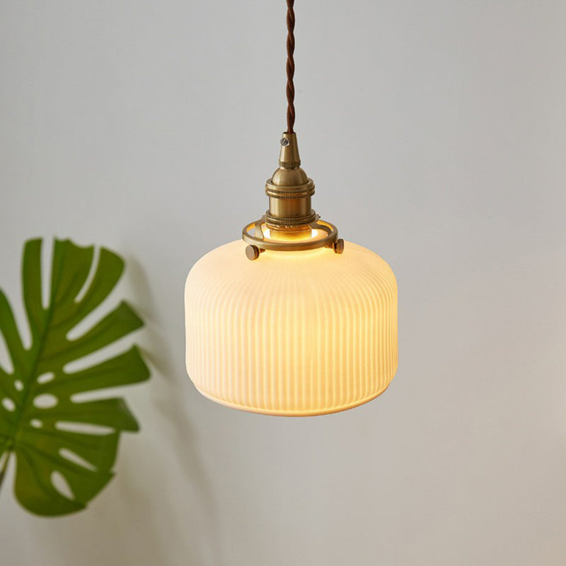 Retro Style Rounded Drum Suspension Lighting 1 Head Ceramic Pendant Ceiling Light in Brass