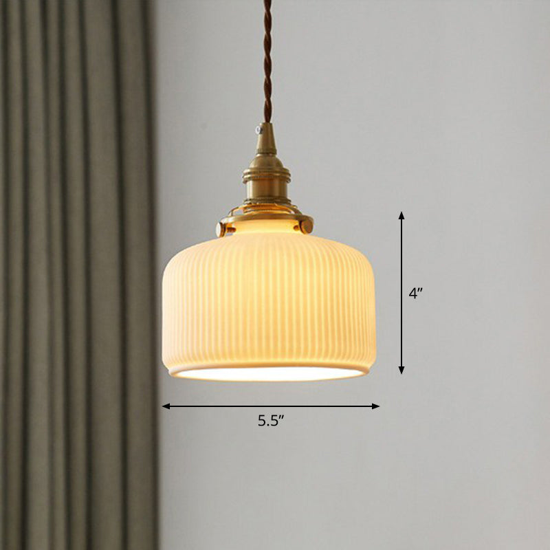 Retro Style Rounded Drum Suspension Lighting 1 Head Ceramic Pendant Ceiling Light in Brass