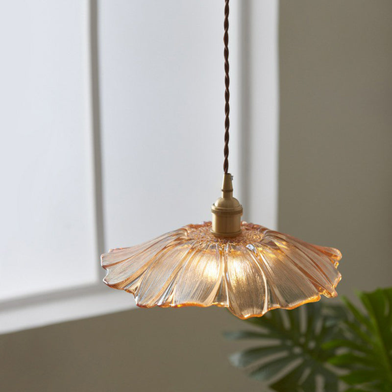 Antique Floral Pendant Light 1-Light Ruffle Glass Hanging Light Fixture for Restaurant