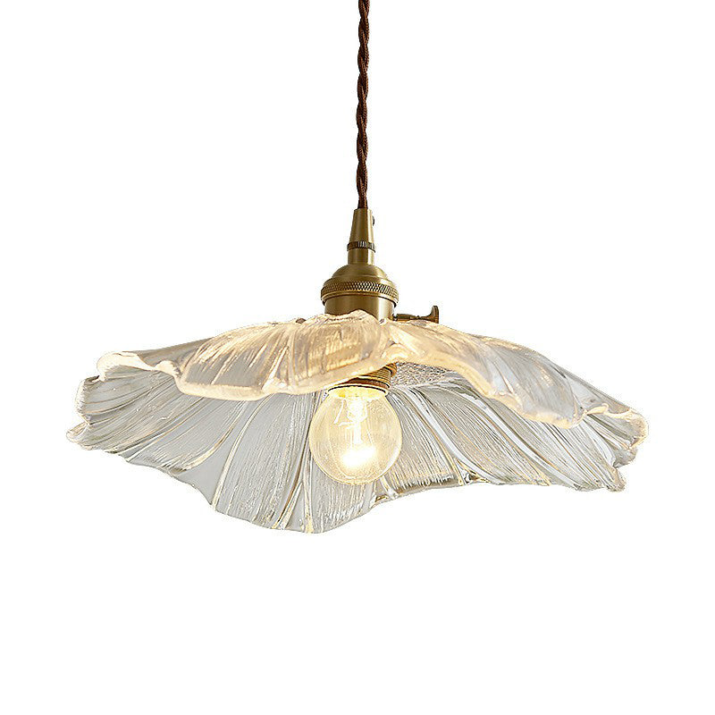 Antique Floral Pendant Light 1-Light Ruffle Glass Hanging Light Fixture for Restaurant