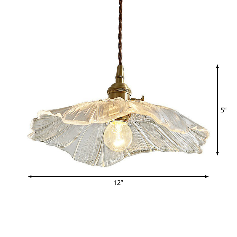 Antique Floral Pendant Light 1-Light Ruffle Glass Hanging Light Fixture for Restaurant