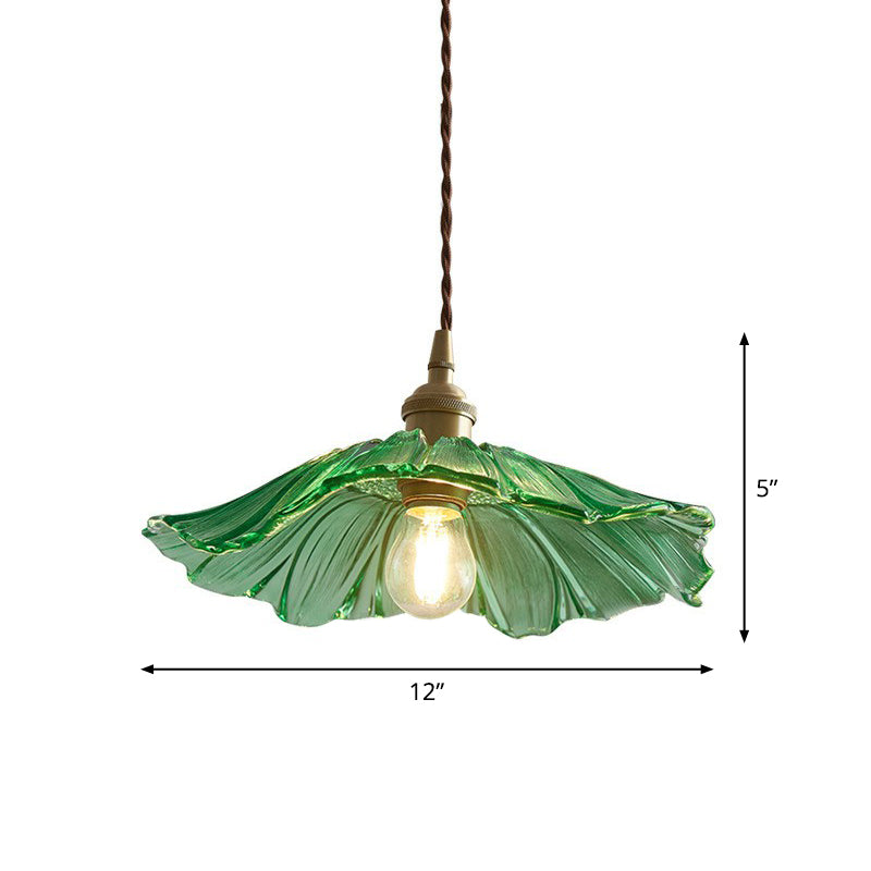 Antique Floral Pendant Light 1-Light Ruffle Glass Hanging Light Fixture for Restaurant