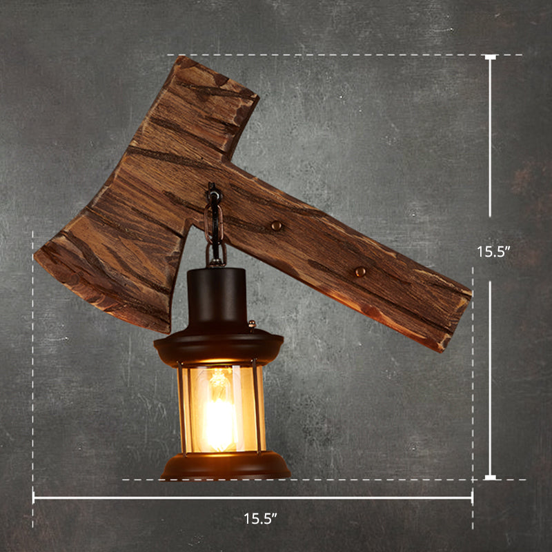 Wooden Ax Wall Sconce Light Country 1 Head Bedroom Wall Lighting with Lantern Shade