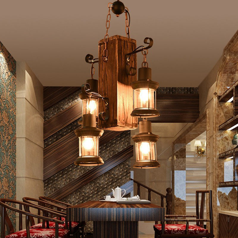 Bois 4 têtes Suspension Éclairage de lanterne en verre transparent rustique pour restaurant