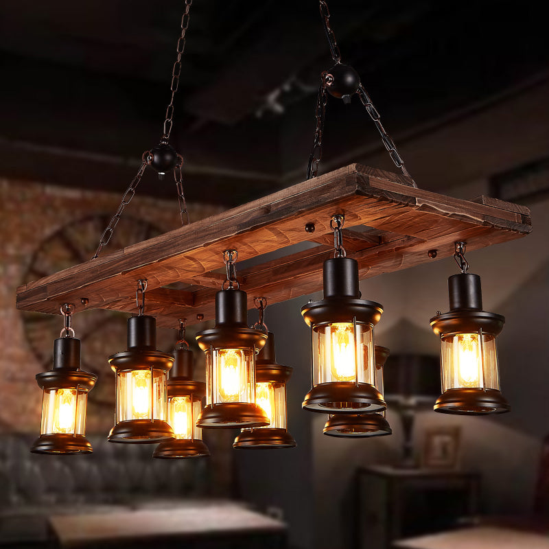 Wood 8-Light Island Ceiling Light Farmhouse Clear Glass Lantern Suspended Lighting Fixture
