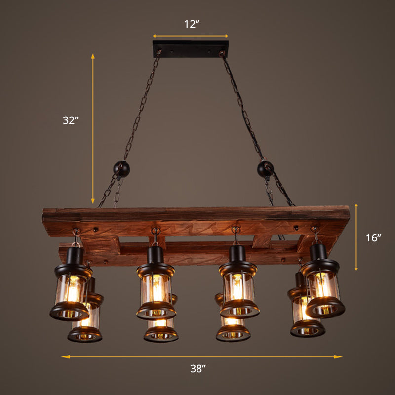 Wood 8-Light Island Ceiling Light Farmhouse Clear Glass Lantern Suspended Lighting Fixture