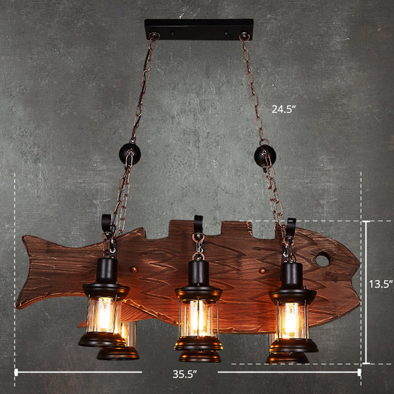 Clear Glass Lantern Island Pendant Country 6-Bulb Dining Room Suspension Light with Wooden Fish Deco