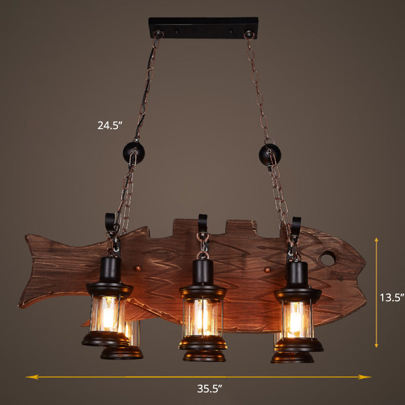 Clear Glass Lantern Island Pendant Country 6-Bulb Dining Room Suspension Light with Wooden Fish Deco
