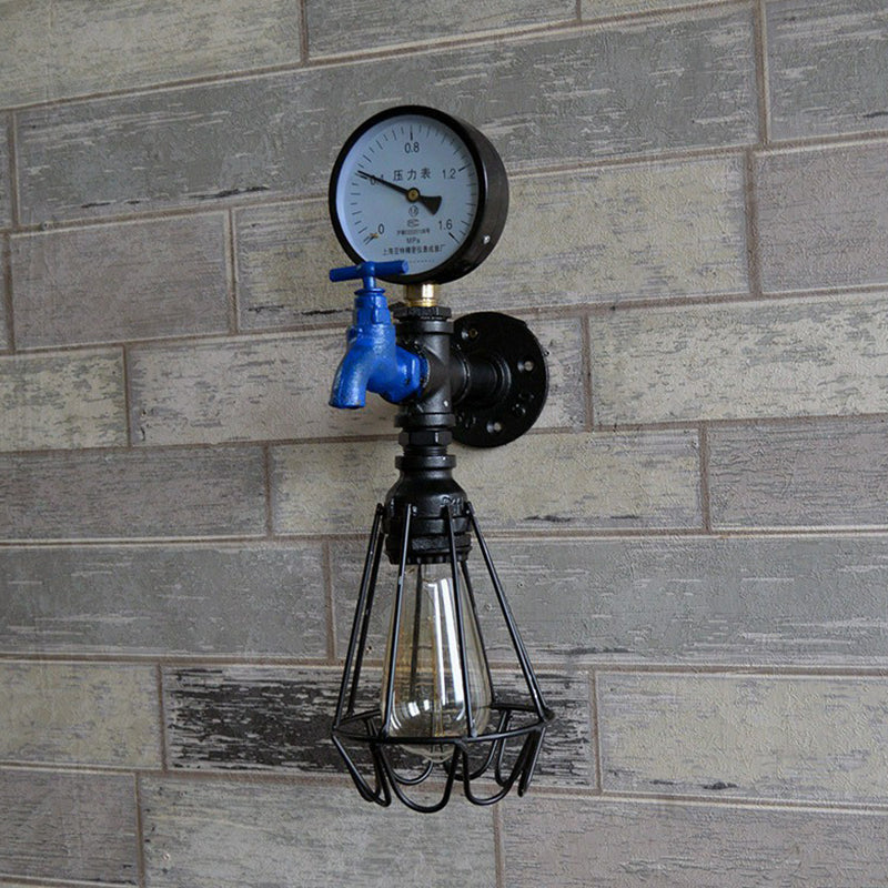 Industrial Water Tap Sconce Lighting 1 Head Metal Wall Lamp Fixture with Cage and Gauge in Black